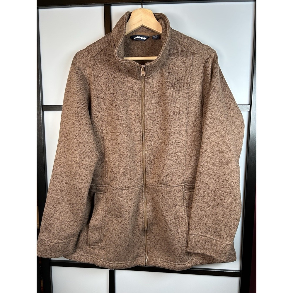 Lands' End Women Full Zip Fleece Jacket Sweater Brown Heathered Textured Warm 2X
